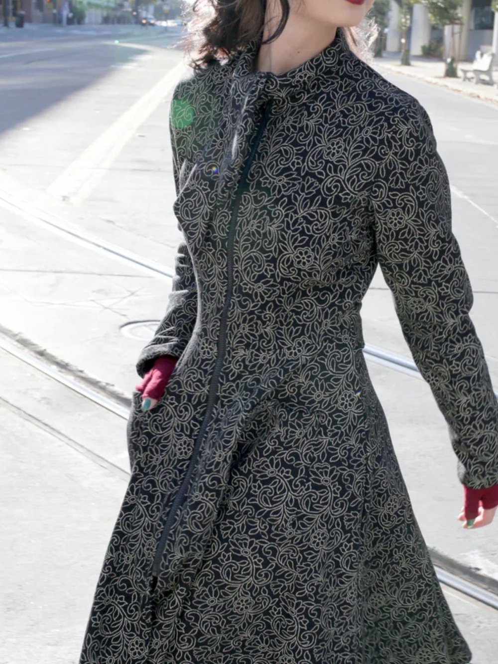 Effie's Heart Black Floral-Patterned Long Trench Coat
